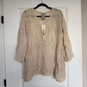 NWT Johnny Was Landon Top Ivory Floral Embroidered Blouse size Large